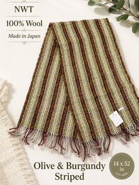 NWT Black & White Japan Wool Scarf - Olive & Burgundy Striped